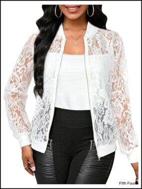 Lace Long Sleeve Bomber Jacket Stand Collar Zip Up Sheer Outwear